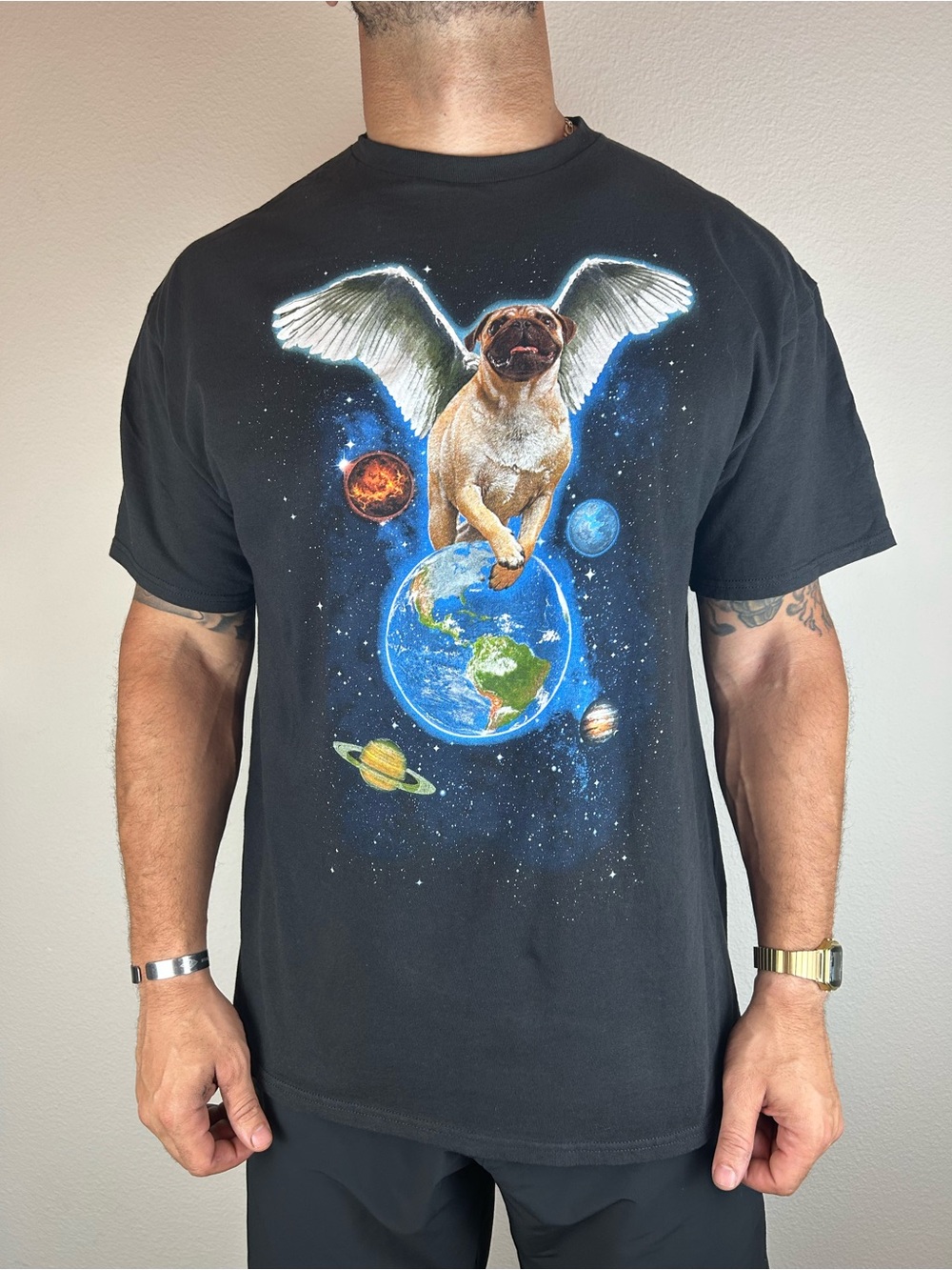 Spencer’s XL Black Pug Angel Wings Space Graphic T-Shirt NWOT Dog Earth Tee